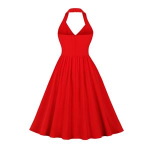 Vintage Red Halter V Neckline Backless High Waist Summer Cocktail Party A-line Dress N22199