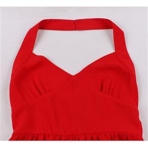 Vintage Red Halter V Neckline Backless High Waist Summer Cocktail Party A-line Dress N22199