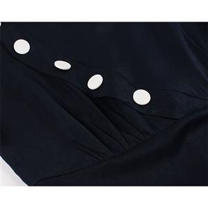 Vintage Hepburn Style Dark-blue V-neck Cap Sleeve Slim Waist A-line Dress N19500