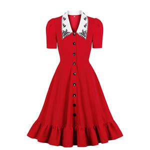 Elegant Red Doll Collar Short Sleeve Front Button High Waist Ruffle Dress N21350