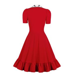 Elegant Red Doll Collar Short Sleeve Front Button High Waist Ruffle Dress N21350