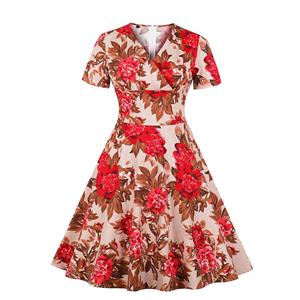 Vintage Floral Print V Neckline Short Sleeve High Waist Swing Dress N18871