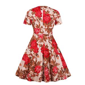 Vintage Floral Print V Neckline Short Sleeve High Waist Swing Dress N18871