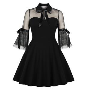 Sexy Black See-through Mesh Splicing Turndown Collar Flare Sleeve High Waist Swing Dress N18872