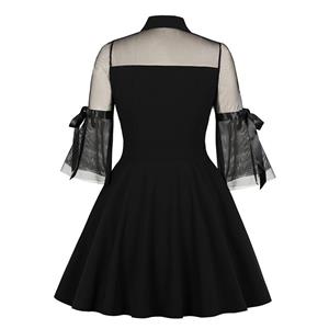 Sexy Black See-through Mesh Splicing Turndown Collar Flare Sleeve High Waist Swing Dress N18872