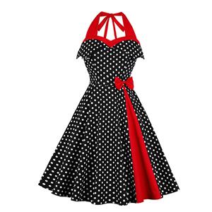 Retro Halter Polka Dots Bowknot Detail Backless High Waist Swing Dress N18877