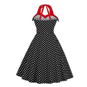 Retro Halter Polka Dots Bowknot Detail Backless High Waist Swing Dress N18877