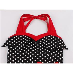 Retro Halter Polka Dots Bowknot Detail Backless High Waist Swing Dress N18877