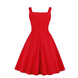 Vintage Red Spaghetti Straps V Neck Bodice Summer Swing Dress N18878