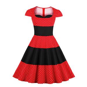 Vintage Heart-shaped Bodice Polka Dots Short Sleeve High Waist A-line Dress N18899