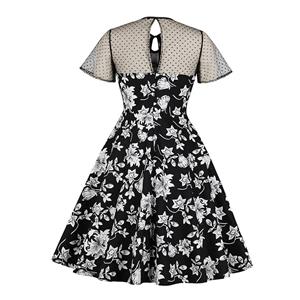 Vintage Sheer Mesh Patchwork Heart-shaped Bodice Floral Printed High Waist Swing Dress N18900