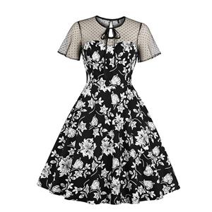 Vintage Sheer Mesh Patchwork Heart-shaped Bodice Floral Printed High Waist Swing Dress N18900