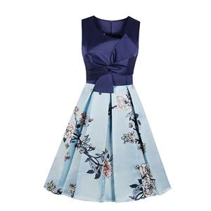 Vintage Twisted Bowknot Bodice Floral Printed Sleeveless Party Midi Dress N18901