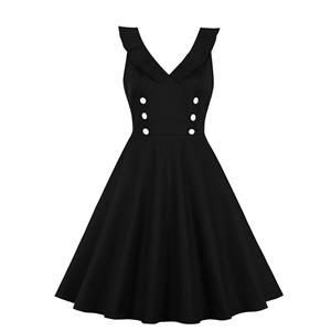 Retro Low-cut Ruffle Lapel Double-breasted Sleeveless High Waist Midi Dress N18903