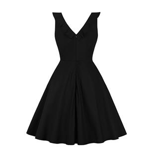 Retro Low-cut Ruffle Lapel Double-breasted Sleeveless High Waist Midi Dress N18903