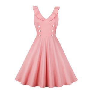 Retro Low-cut Ruffle Lapel Double-breasted Sleeveless High Waist Midi Dress N18904