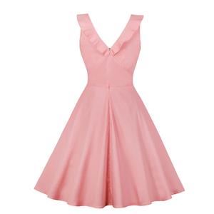 Retro Low-cut Ruffle Lapel Double-breasted Sleeveless High Waist Midi Dress N18904