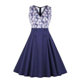 Retro Distressed Print Low-cut Double-breasted Sleeveless High Waist Party Dress N18905
