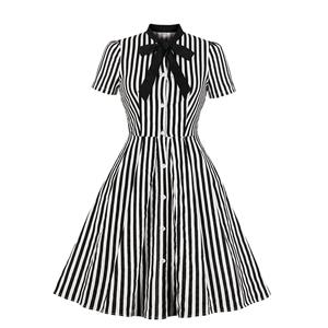 Vintage Black and White Vertical Striped Butterfly Collar Short Sleeve High Waist Midi Dress N18907