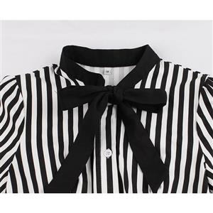 Vintage Black and White Vertical Striped Butterfly Collar Short Sleeve High Waist Midi Dress N18907