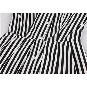 Vintage Black and White Vertical Striped Butterfly Collar Short Sleeve High Waist Midi Dress N18907