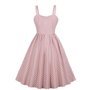 Vintage Rockabilly Checkered Sweetheart Neckline Spaghetti Straps Frock Summer Swing Dress N18989