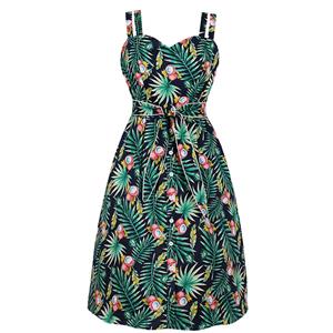 Retro Tropical Coconut Palm Printed Sweetheart Bodice Double Straps Frock Summer Midi Dress N18992