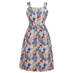 Retro Tropical Coconut Palm Printed Sweetheart Bodice Double Straps Frock Summer Midi Dress N18993