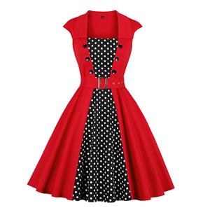 Vintage Rockabilly Polka Dots Patchwork Lapel Square Neckline Cocktail Midi Dress with Belt N19021