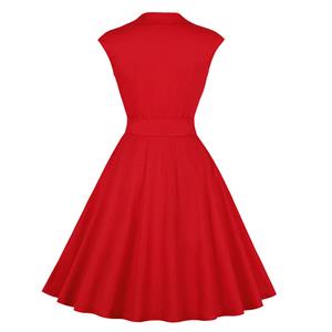 Vintage Rockabilly Polka Dots Patchwork Lapel Square Neckline Cocktail Midi Dress with Belt N19021