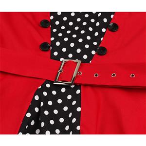 Vintage Rockabilly Polka Dots Patchwork Lapel Square Neckline Cocktail Midi Dress with Belt N19021