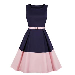 Elegant Crew Neck Sleeveless Contrast Color Patchwork Midi Formal Dress with Belt N19024