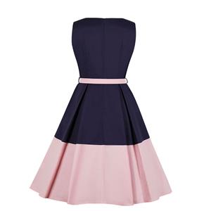 Elegant Crew Neck Sleeveless Contrast Color Patchwork Midi Formal Dress with Belt N19024