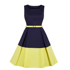 Elegant Crew Neck Sleeveless Contrast Color Patchwork Midi Formal Dress with Belt N19025