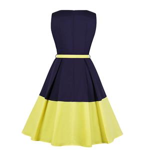 Elegant Crew Neck Sleeveless Contrast Color Patchwork Midi Formal Dress with Belt N19025