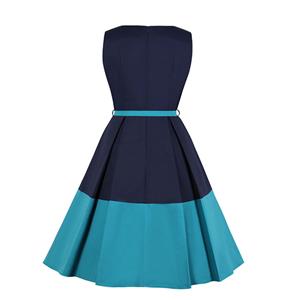 Elegant Crew Neck Sleeveless Contrast Color Patchwork Midi Formal Dress with Belt N19026