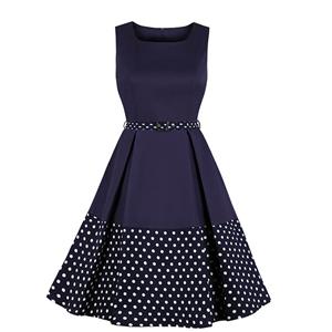 Elegant Crew Neck Sleeveless Polka Dots Patchwork Midi Formal Dress with Belt N19027