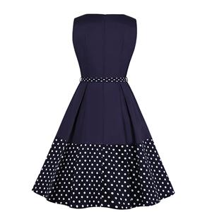 Elegant Crew Neck Sleeveless Polka Dots Patchwork Midi Formal Dress with Belt N19027