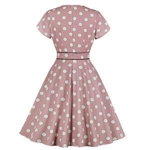 Fashion Casual Polka Dots V Neckline Petal Sleeve High Waist Swing Dress N19029