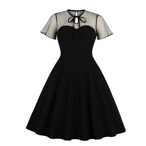 Vintage Sheer Mesh Patchwork Heart-shaped Bodice High Waist Swing Dress N19284