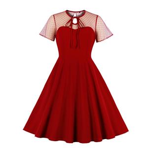 Vintage Sheer Mesh Patchwork Heart-shaped Bodice High Waist Swing Dress N19285