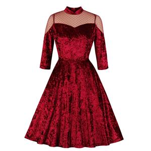 Vintage Sheer Mesh Spliced Velvet Heart-shaped Bodice High Waist Midi Swing Dress N19934