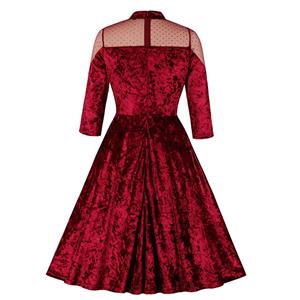 Vintage Sheer Mesh Spliced Velvet Heart-shaped Bodice High Waist Midi Swing Dress N19934