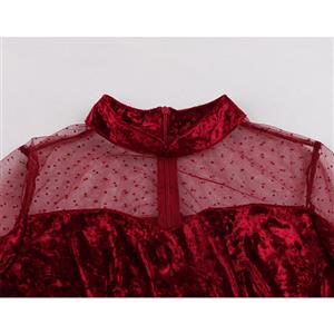 Vintage Sheer Mesh Spliced Velvet Heart-shaped Bodice High Waist Midi Swing Dress N19934