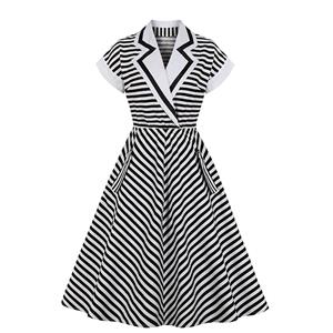 Vintage Black and White Striped Lapel Raglan Sleeve High Waist Swing Dress N20979