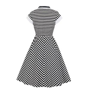Vintage Black and White Striped Lapel Raglan Sleeve High Waist Swing Dress N20979