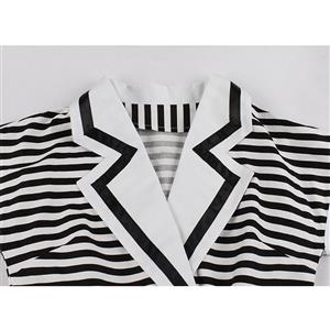 Vintage Black and White Striped Lapel Raglan Sleeve High Waist Swing Dress N20979