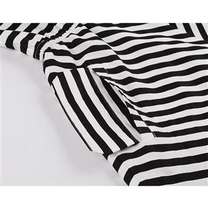 Vintage Black and White Striped Lapel Raglan Sleeve High Waist Swing Dress N20979