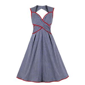 Cute Grid Summertime Printed A-line Swing Dress, Retro Grid Printed Dresses for Women 1960, Vintage Grid Printed Dresses 1950's,Vintage High Waist Dress for Women, Simple Grid Print Dresses for Women, Vintage Summer Dresses for Women, #N21336