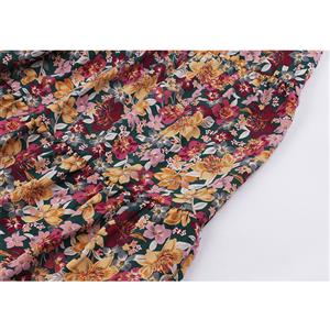 Vintage Floral Print V Neck Flared Short Sleeve High Waist Belt Swing Long Dress N20828